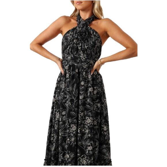 Petal & Pup Pleated Halter Black Floral Backless Lennon Maxi Dress Size M - Picture 9 of 12
